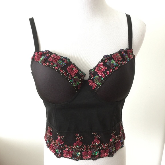 Bebe Tops - Bebe Floral Sequin Bralette Top in black